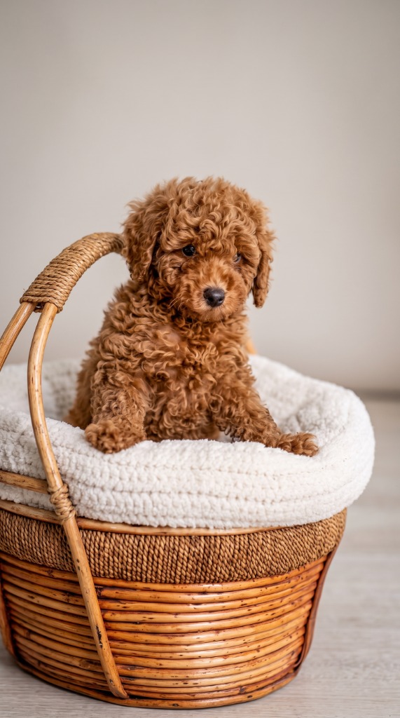 Teacup Poodle puppy in a wicker basket