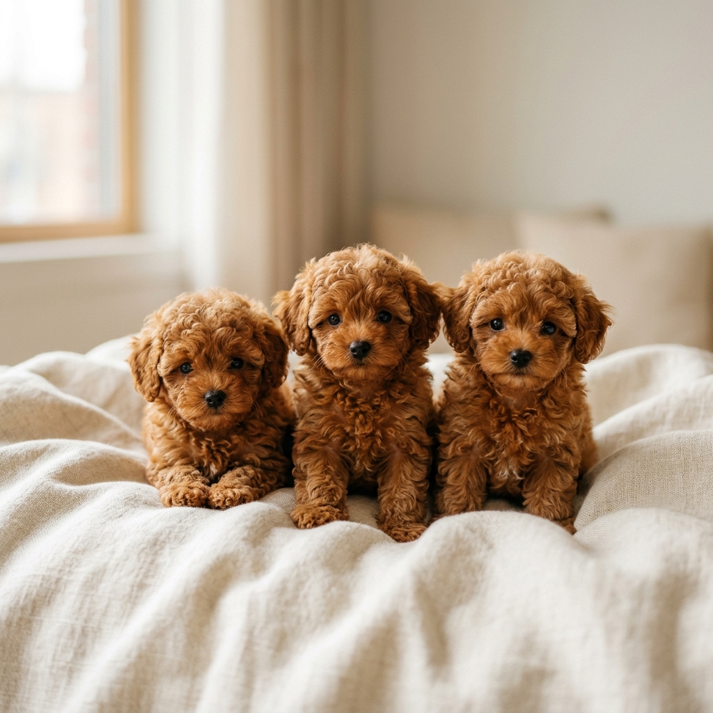 Three teacup poodle puppies together on a cream linen surface